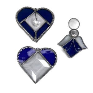 Stained Glass Suncatcher Window Decor Ornaments Hearts & Angel Silver Metal Trim